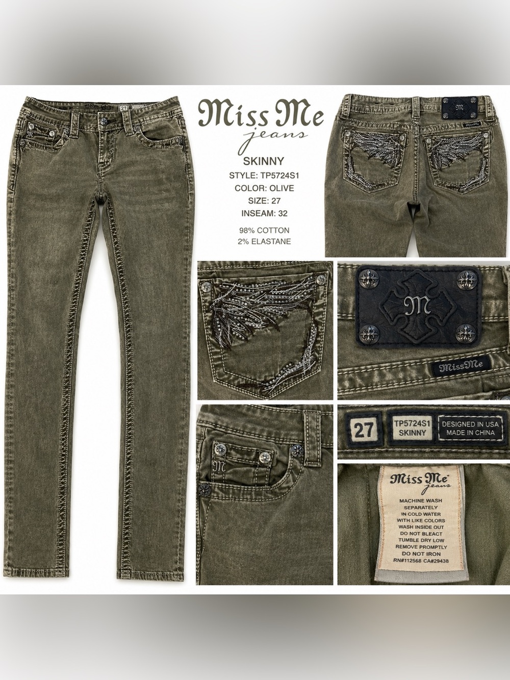 Miss Me Skinny Jeans Women’s27 OliveGreen Mineral Wash Embellished Stretch Denim